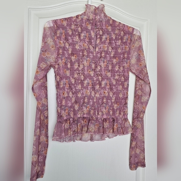 Lulus Sophisticated Blossom Mauve Floral Mesh Smocked Mock Neck Top XS - Picture 5 of 11